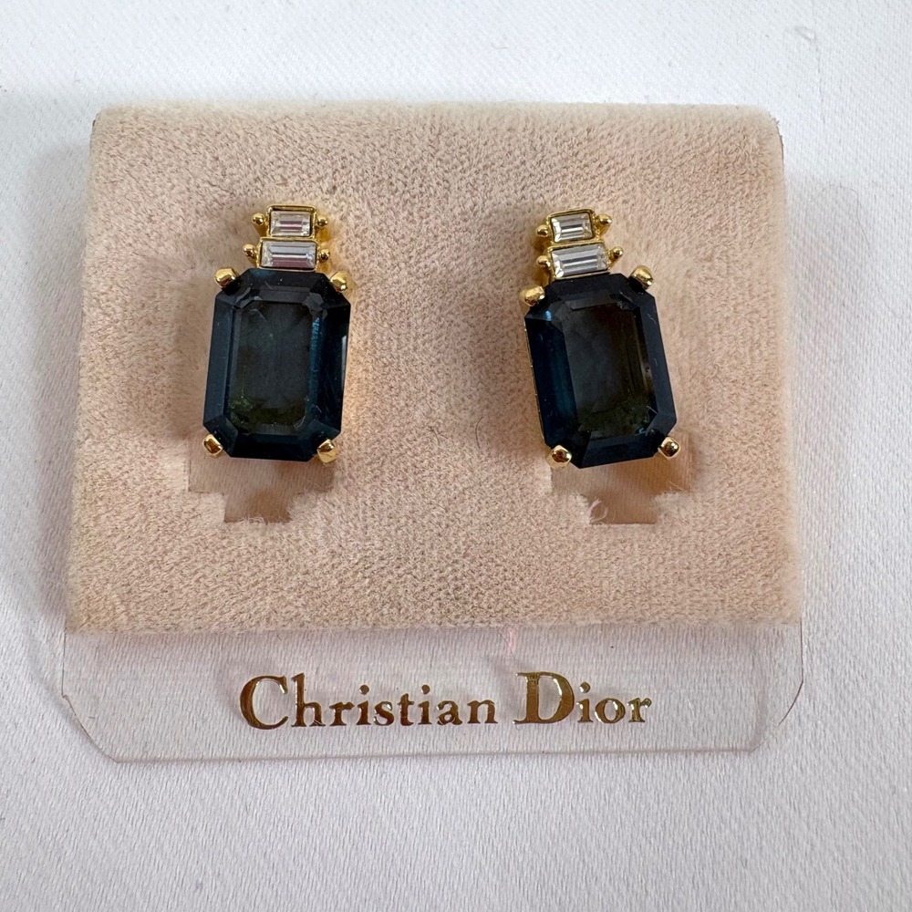 Christian Dior Clip On Earrings Teal Blue Emerald Cut Gold Tone Vintage